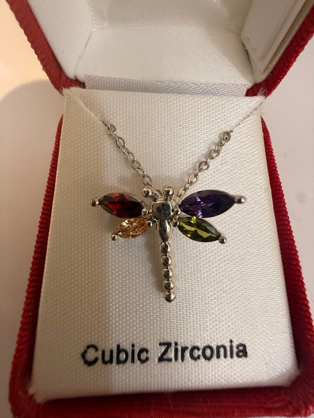 NIB Multicolor CZ Dragonfly Necklace Silver Tone Boxed